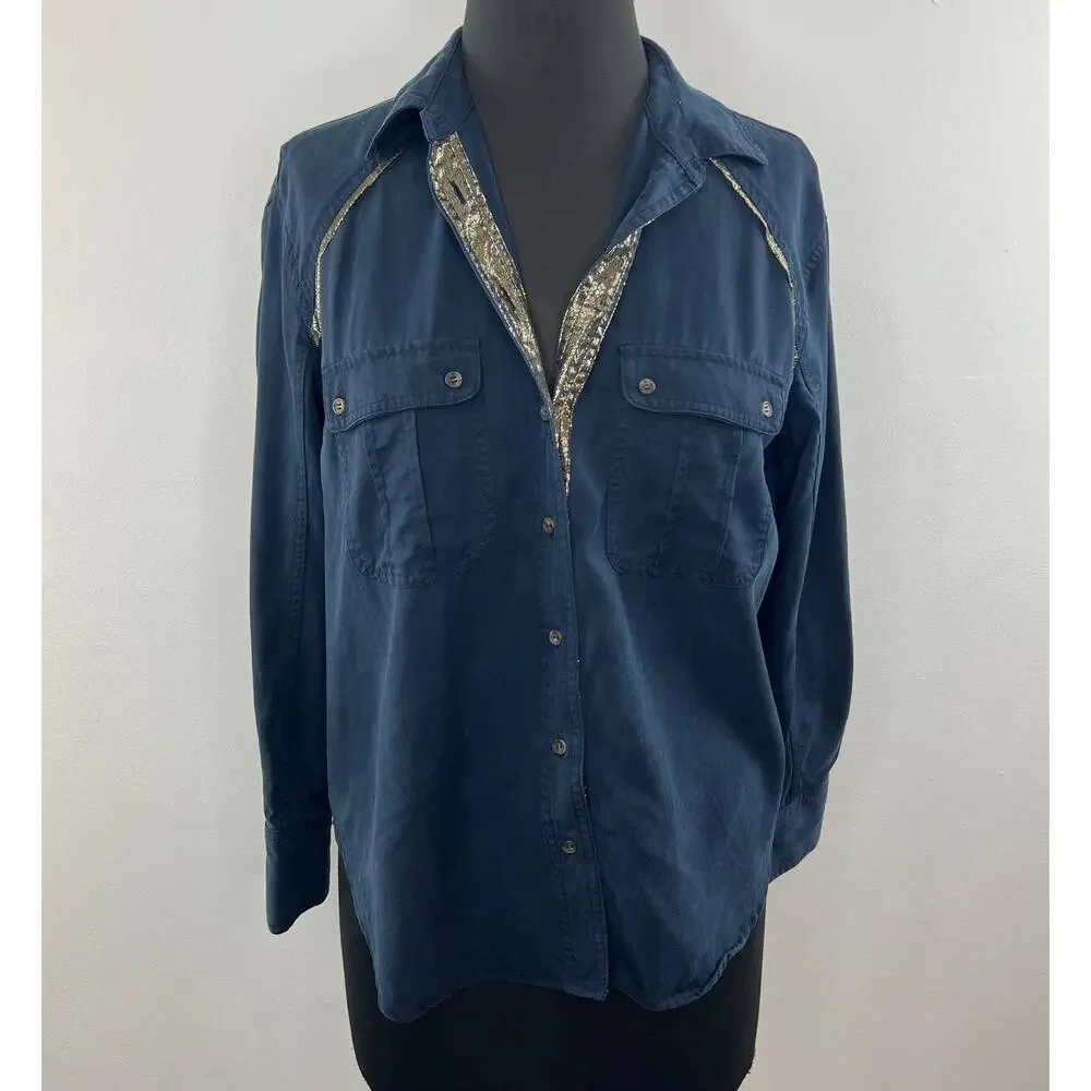 Free People Blue Long Sleeve Off Campus Button Down Tencel Collared Top Size XS